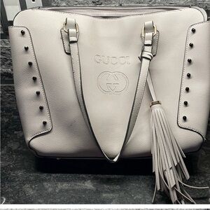 Gucci Off-White Leather Tote with Tassel